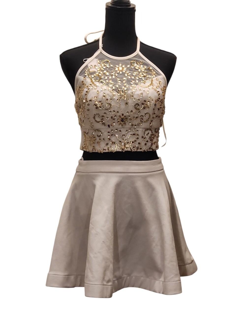 B Darlin Embellished Cream Halter Crop Top & Skirt Formal Set